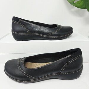 Clarks Womens 8 Cora Eliza Black Leather Ballet Flat Slip On Shoes Career Office